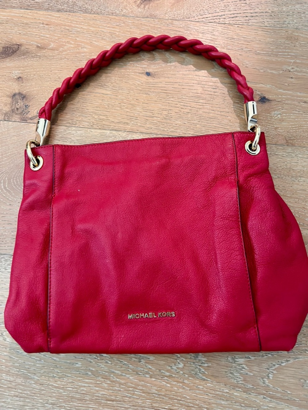 Michael Kors Red Leather Braided-Handle Shoulder Bag with Gold hardware